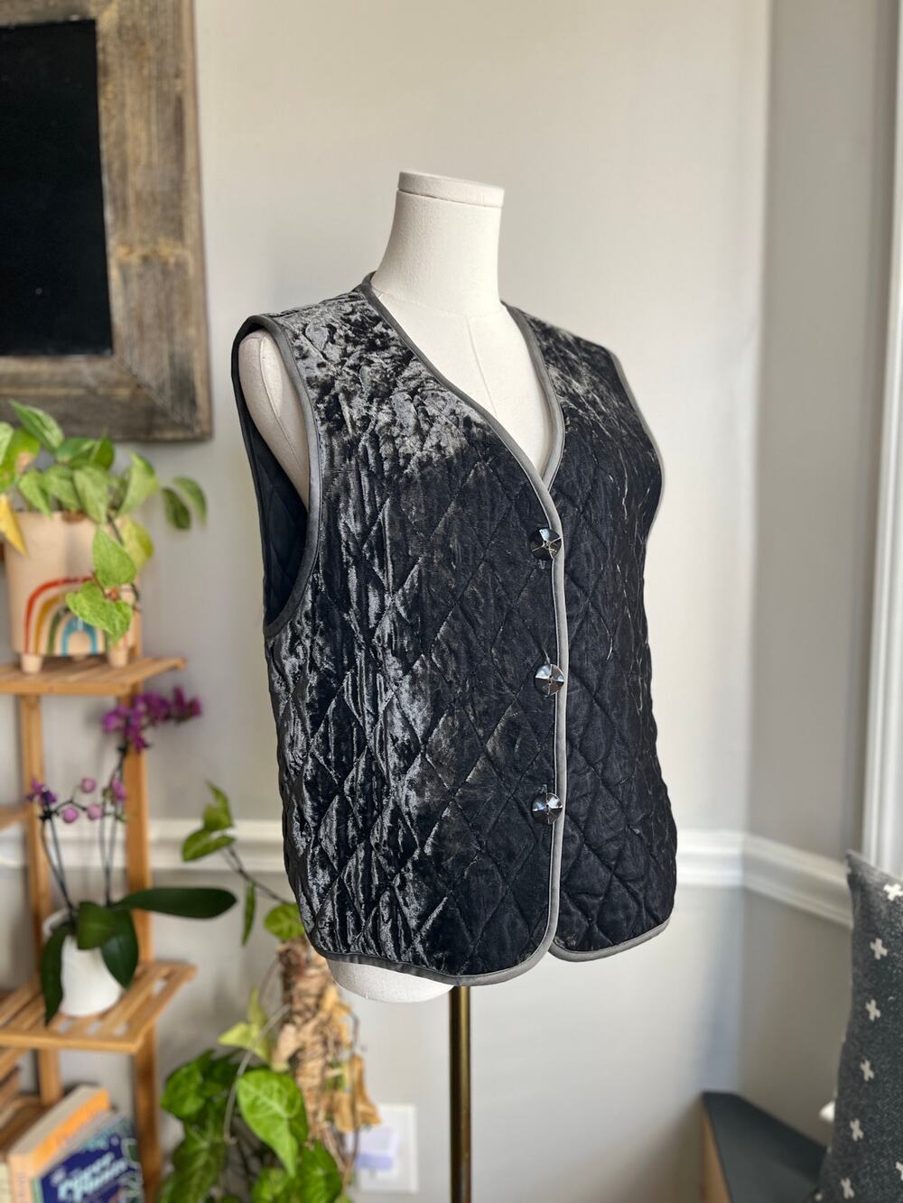 Vintage 90s Velvet Quilted Vest Gray Crushed Velvet Button Down Size Small